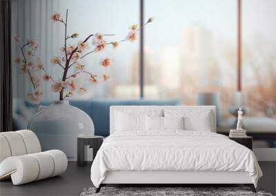 Copy space on a white table with a blurred modern living room in the background. Wall mural