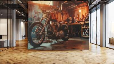 Custom Bobber Motorbike Standing in an Authentic Creative Workshop. Vintage Style Motorcycle Under Warm Lamp Light in a Garage. Wall mural