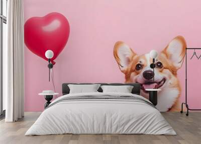 Cute corgi dog with a heart shaped balloon on pink background, fun love and Valentine's day or birthday greeting card Wall mural