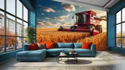 Efficient Crop Harvest: Tractor Combine Harvester in Cereal Agriculture Field. Wall mural