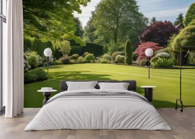 English style garden with scenic view of freshly mowed lawn flower bed and leafy trees Wall mural