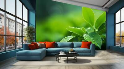 Fresh green leaves against blurred greenery natural background. Young plant with raindrops for ecology and nature concept. Wall mural