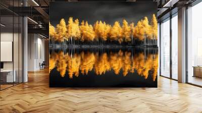 Golden trees reflected in lake on black sky background. Modern canvas art with golden yellow forest Wall mural