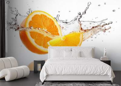 Half of a ripe orange fruit with orange juice splash water isolated on white background. Wall mural