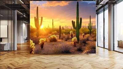 Landscape Desert Garden, Saguaro and flowering cactus. Digital Illustration of vivid sunset.
 Wall mural