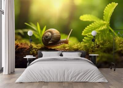 Little snail and green shamrock leaf in sun ray on forest background. Beautiful macro nature landscape. Wall mural