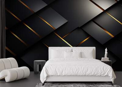 Luxury abstract black metal background with golden light lines. Dark 3d geometric texture illustration. Bright grid pattern. Wall mural