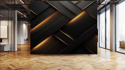 Luxury abstract black metal background with golden light lines. Dark 3d geometric texture illustration. Bright grid pattern. Wall mural