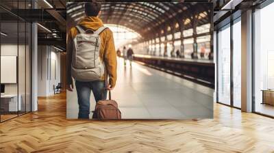 Male tourist walking with a luggage walking at the railway station, ready for a journey Wall mural