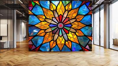 Mandala background with stained glass effect and primary colors. Kaleidoscope art lovers and artistic design. Mandala patterns with stained glass and kaleidoscope effect for dynamic backgrounds.  Wall mural