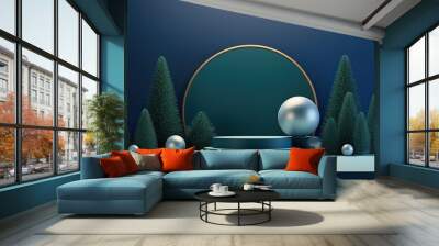 Minimal scene with, balls and pine trees, podium. Midnight green, blue shapes. For christmas holiday winter concep and magazines, poster, banner. 3D rendering Wall mural