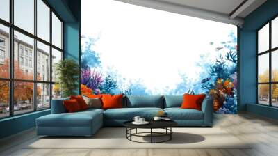 Ocean underwater with corals, seaweed and fish on transparent background. Wall mural