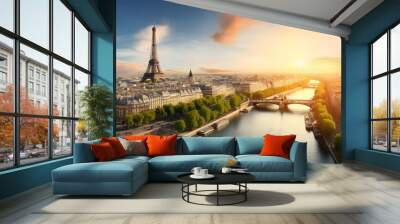 Paris aerial panorama with river Seine and Eiffel tower, France. Romantic summer holidays vacation destination. Panoramic view above historical Parisian buildings and landmarks with sunset sky Wall mural