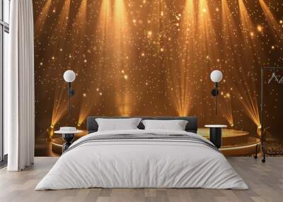 Podium with golden light lamps background. Golden light award stage with rays and sparks Wall mural