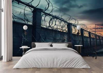 Prison security fence. Barbed wire security fence. Razor wire jail fence. Barrier border. Boundary security wall. Prison for arrest criminals or terrorists. Private area. Military zone concept.
 Wall mural