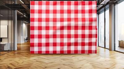 Red and white checkered tablecloth. Top view table cloth texture background. Red gingham pattern fabric. Picnic blanket texture. Red table cloth for Italian food menu. Square pattern.
 Wall mural