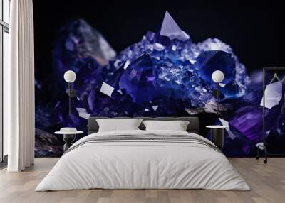 rough blue sapphire and diamonds gemstones crystals raw amethyst tanzanite dark background. Wall mural