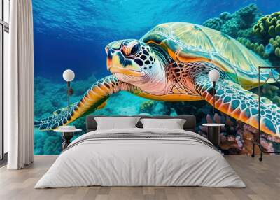 Sea turtle close-up over a coral reef in the Maldives. Travel and vacation background.  Wall mural