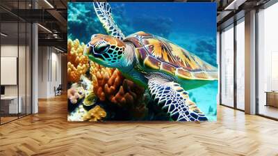 Sea turtle close-up over a coral reef in the Maldives. Travel and vacation background.  Wall mural