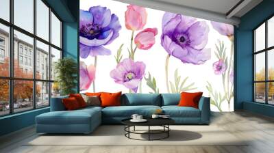 set of purple and pink garden flowers close-up, watercolor illustration on white background
 Wall mural