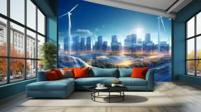 solar cell plant and wind generators in urban area connected to smart grid.Energy supply,eolic turbine,distribution of energy,Powerplant,energy transmission, high voltage supply concept. Wall mural