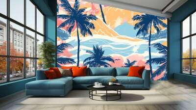 Stylish Summer Vacation Seamless pattern. Landscape, Modern Palm trees , Mountain beach and ocean vector hand drawn style ,Design for fashion , fabric, textile, and all prints Wall mural