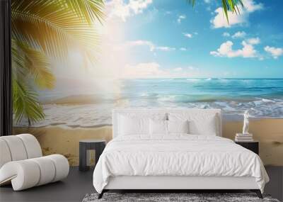 Summer background with frame, nature of tropical golden beach with rays of sun light and leaf palm. Golden sand beach close-up, sea water, blue sky, white clouds. Copy space, summer vacation concept. Wall mural