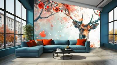 surreal illustration of a deer with antlers made of flowers, set against a bright white background.
 Wall mural