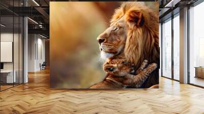 This proud male aftican lion is cuddled by his cub during an affectionate moment. Wall mural