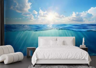 Tranquil sea water surface on a sunny day, Underwater sea in sunlight, tropical blue ocean underwater background Wall mural