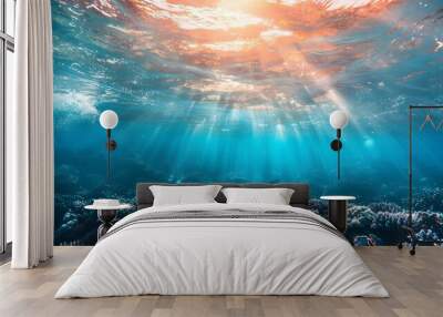 Tranquil sea water surface on a sunny day, Underwater sea in sunlight, tropical blue ocean underwater background Wall mural