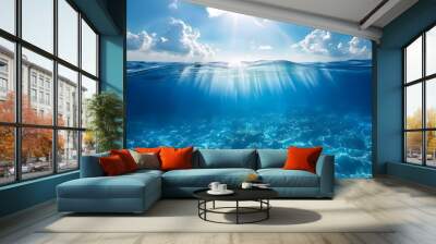 Tranquil sea water surface on a sunny day, Underwater sea in sunlight, tropical blue ocean underwater background Wall mural