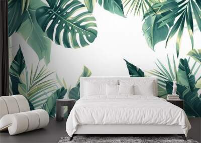 Vector banner with green tropical leaves on white background. Exotic botanical design for cosmetics, spa, perfume, beauty salon, travel agency.
 Wall mural