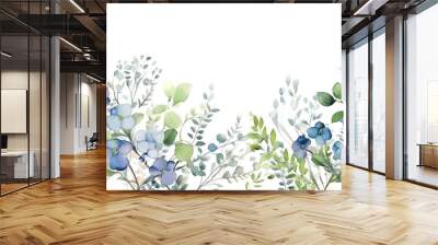 Watercolor painted greenery frame template. Bouquet with green, blue branches and leaves. Seamless  Wall mural