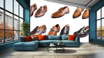 white background cutouts of classic formal occasion shoes collection Set of classical leather Penny Loafers and metal strap shoes in different styles and colors Wall mural