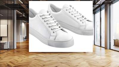 white leather sneakers with shoelaces bows isolated on white background Wall mural