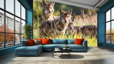 Wild coyotes standing in prairie grass in nature found throughout North America.  Wall mural