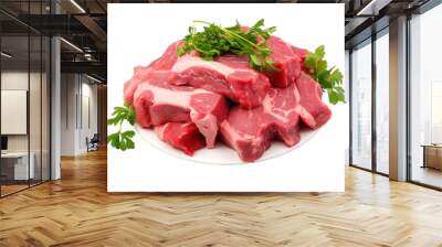 Fresh raw tasty meat steak cow fly vegetables health food, isolated on transparent background Wall mural