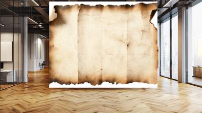 A sheet of old rough recycled paper with splashes and ragged edges on a white background with a shadow. Copyspace for treasure map design. Wall mural