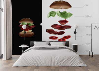 Illustrated Burger with separate ingredients  Wall mural