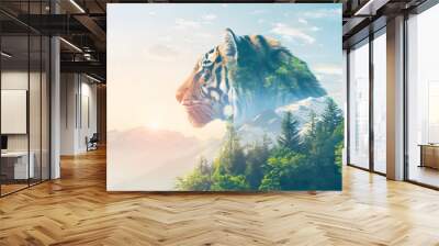 A regal tiger with a double exposure of an exotic jungle and setting sun. Wall mural