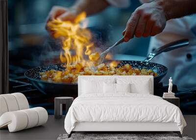 Chef Flambéing Potatoes in Professional Kitchen, Dramatic Flames and Precision Cooking. Wall mural