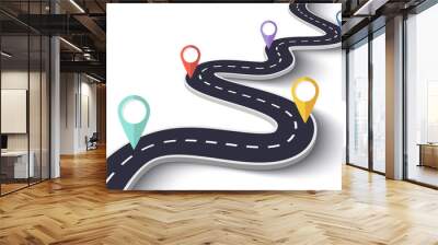 Winding Road on a White Isolated Background. Road way location infographic template with pin pointer. Vector EPS 10 Wall mural