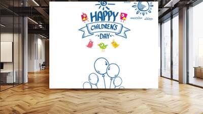 1 june international childrens day cartoon doodle style banner background. happy Children day greeting cad, icon or label. Cartoon kids day poster. Children day hand drawn banner design Wall mural