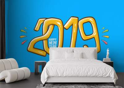 2019 Happy New Year poster design template. Vector happy new year greeting illustration with colored hand drawn 2019 numbers and stars isolated on blue background Wall mural