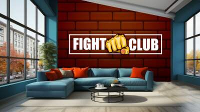 fight club vector logo with orange man fist isolated on brick wall background. MMA Mixed martial arts concept design template Wall mural