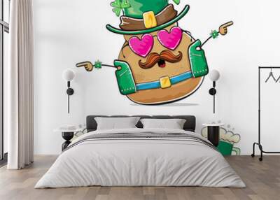 Happy Saint Patricks day greeting card with funky leprechaun rock star potato character with green particks hat and beer isolated on white background. Rock n roll hipster vegetable funky character Wall mural