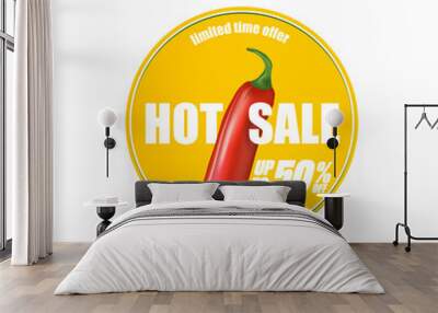 Hot sale sticker with red chili cayenne pepper isolated on white background. Vector Special hot offer orange banner or label Wall mural