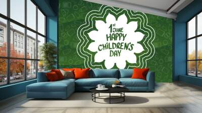 international childrens day cartoon doodle style green horizontal banner background. happy Children day greeting cad, icon or label. Cartoon kids day poster. Children day hand drawn banner design Wall mural