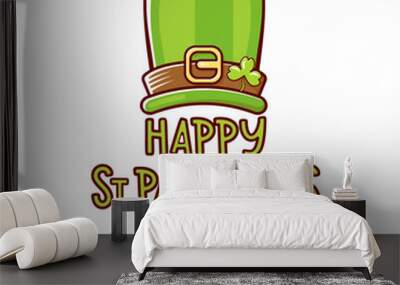 Saint Patricks Day greeting card. Irish Leprechaun green hat and greeting text isolated on white. Saint Patrick label or line art cartoon style icon Wall mural